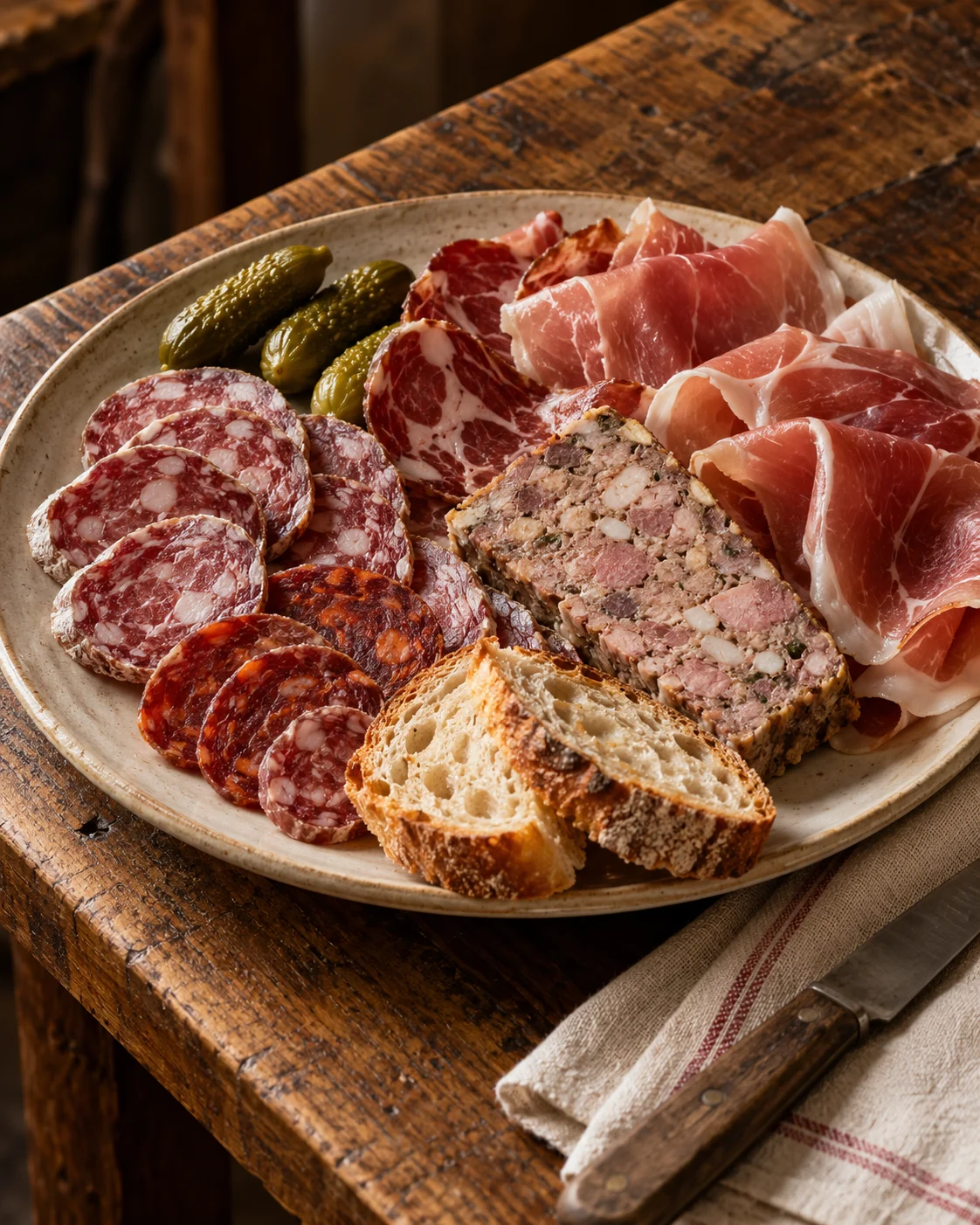Assiette de charcuterie, terrine et pain de campagne
