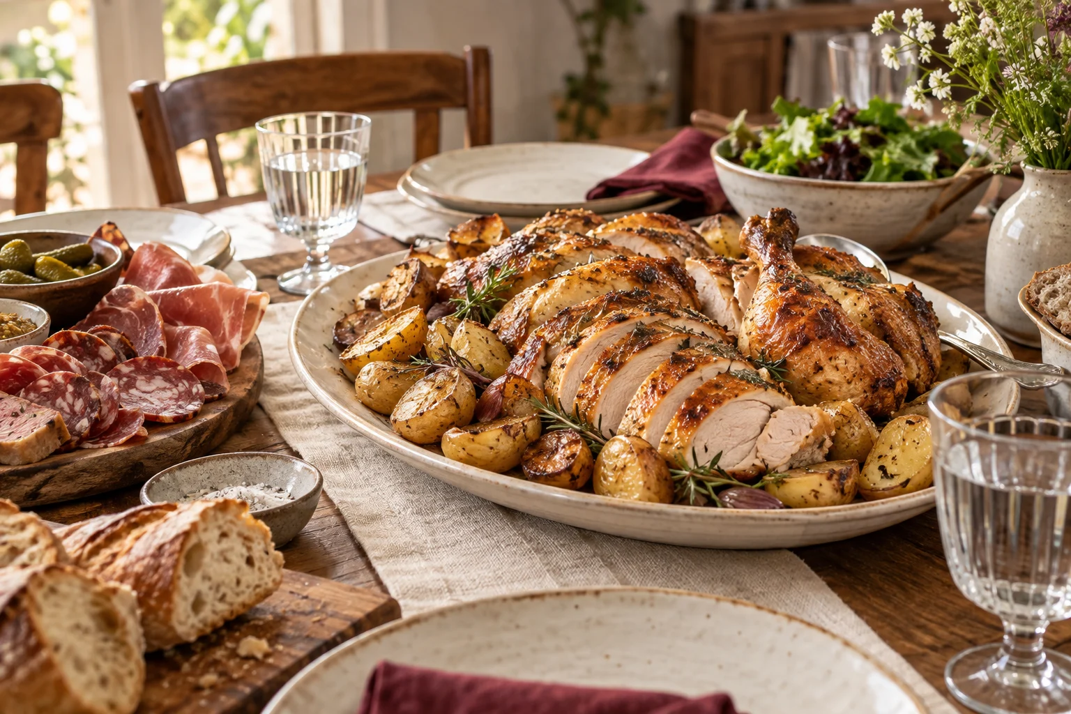 Un repas généreux dressé sur une table, volaille rôtie et accompagnements